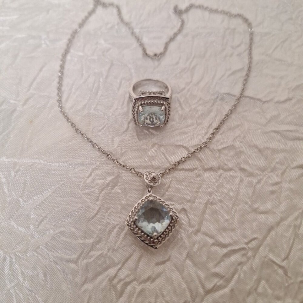 Sai Krishna Sterling Silver Light Blue Stone Necklace 18" & Sz 7 Ring Set